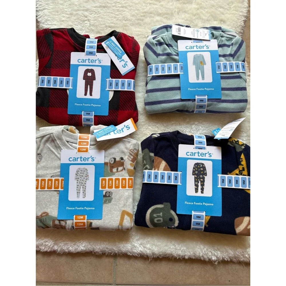 Carter's Fleece Footie Winter Pajamas Multi Color Pack Lot of 4 Size 9/12 Months